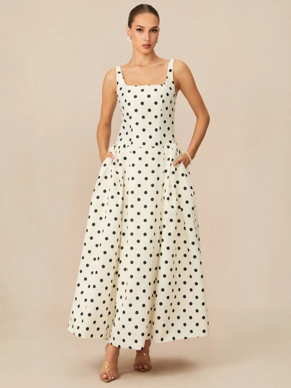 Ivory and Black Polka Dot Square-Neck Maxi Dress